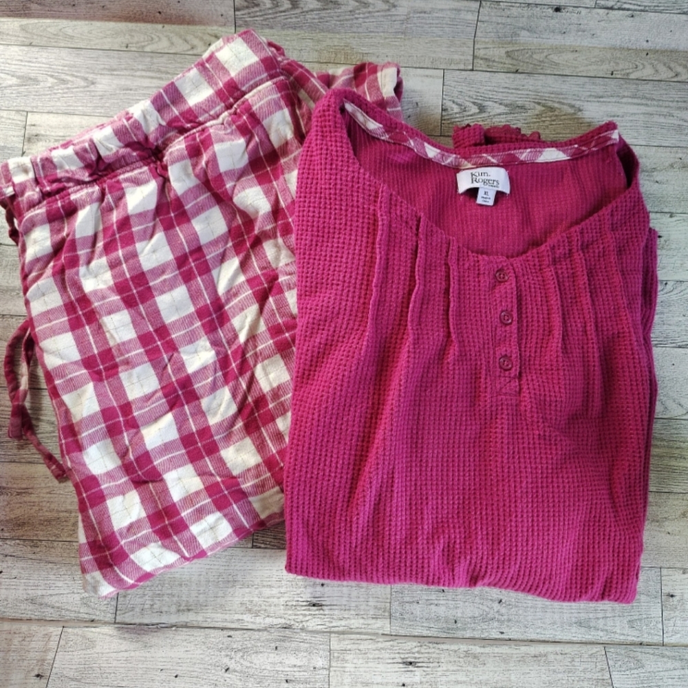 Kim Rogers Waffle Henley Plaid Pajama Pant Set Women's XL EUC